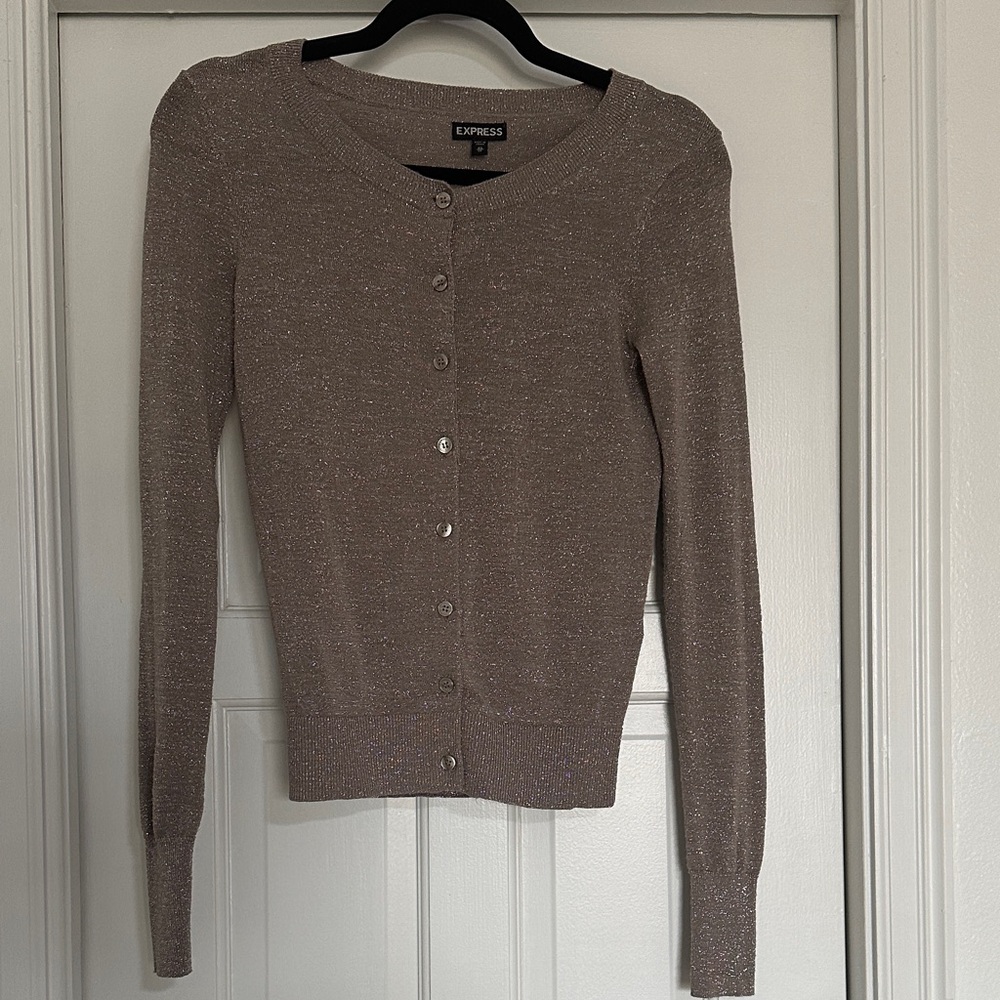 Express Shimmery Taupe Button-Front Crewneck Cardigan Size XS